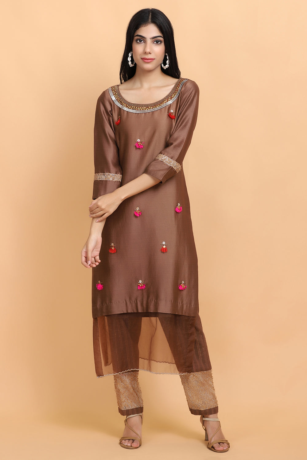 Brown Chanderi Silk Kurta Set - Auraya Fashion -  - #tag1# - #tag2# - #tag3# - #tag3#