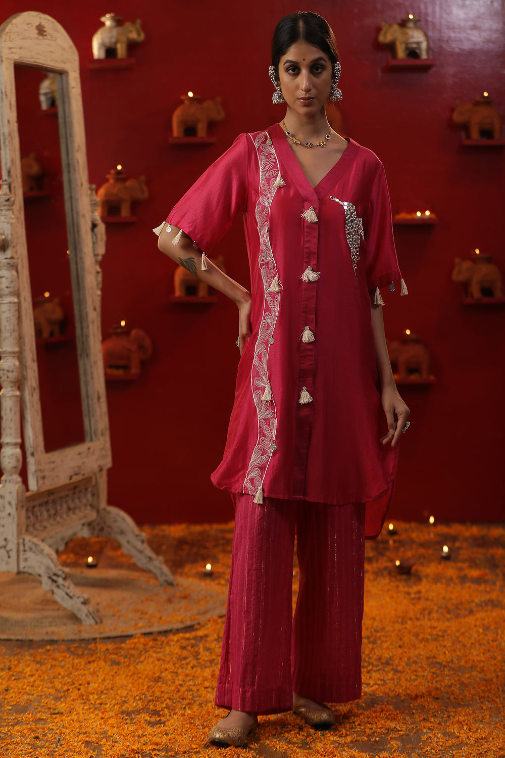 Pink Handpainted Brajnari Coord Set - Auraya Fashion - Arpita Sulakshana - #tag1# - #tag2# - #tag3# - #tag3#
