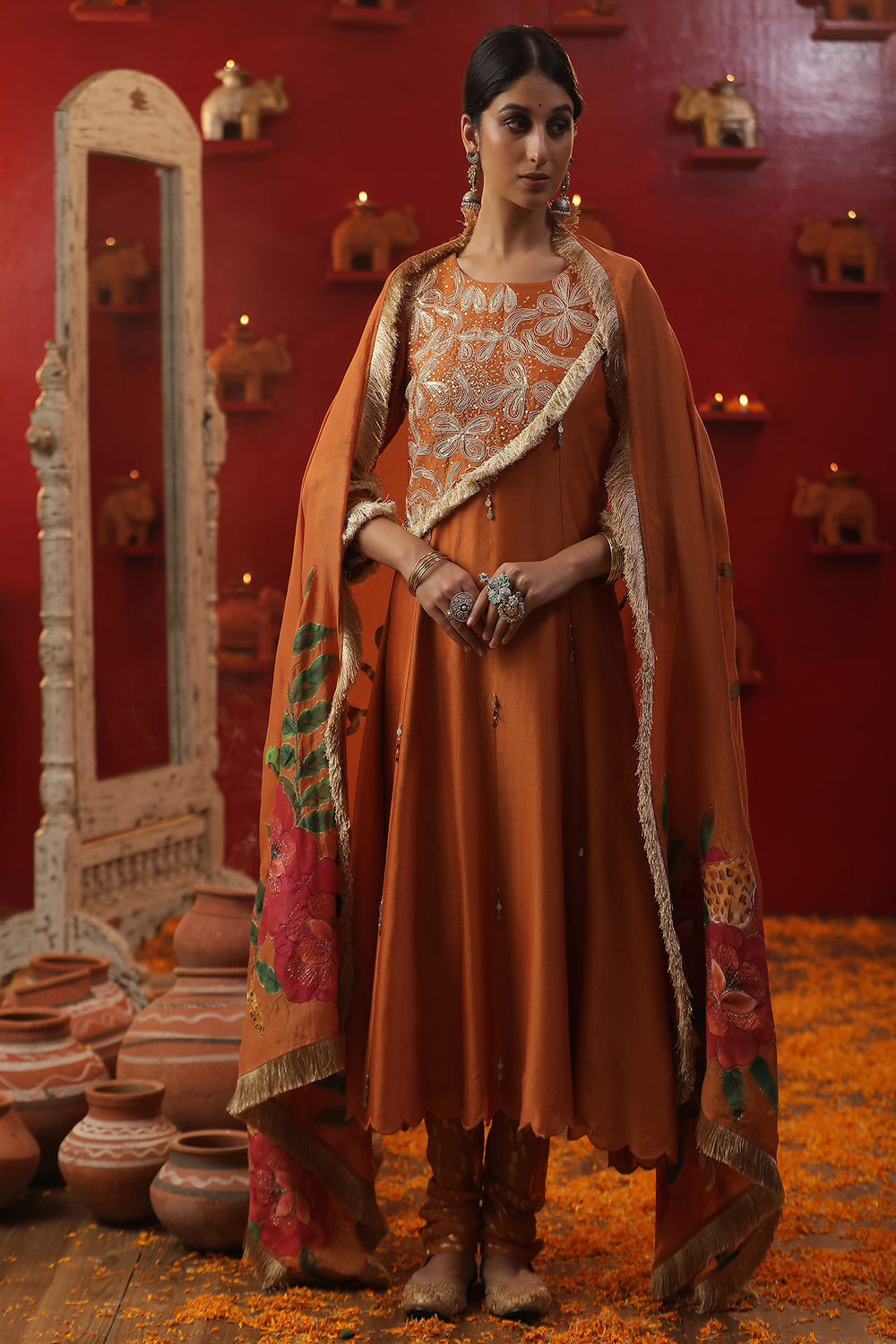 Burnt Orange Handpainted Suit Set - Auraya Fashion - Arpita Sulakshana - #tag1# - #tag2# - #tag3# - #tag3#