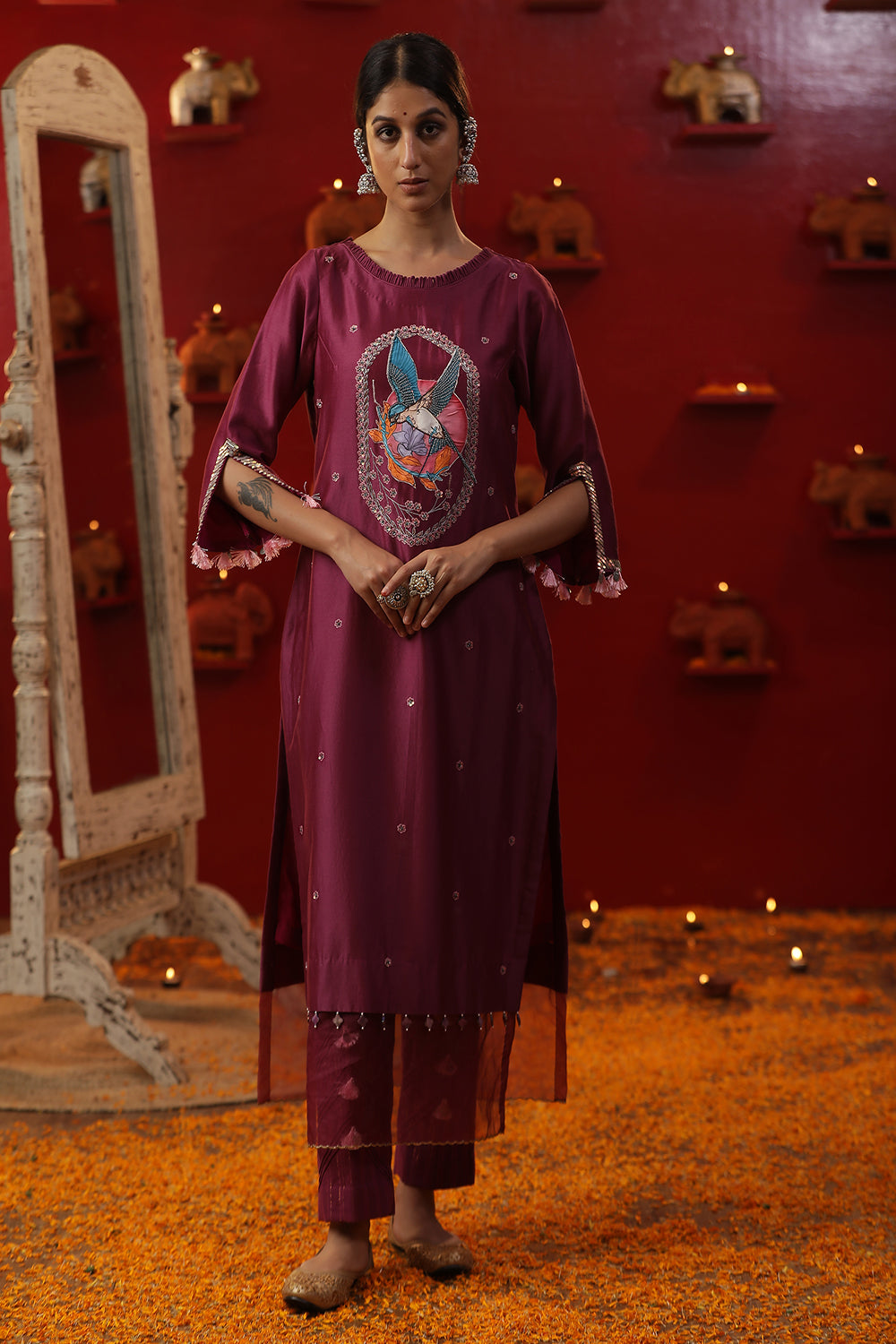 Purple Bird Handpainted Suit set - Auraya Fashion - Arpita Sulakshana - #tag1# - #tag2# - #tag3# - #tag3#