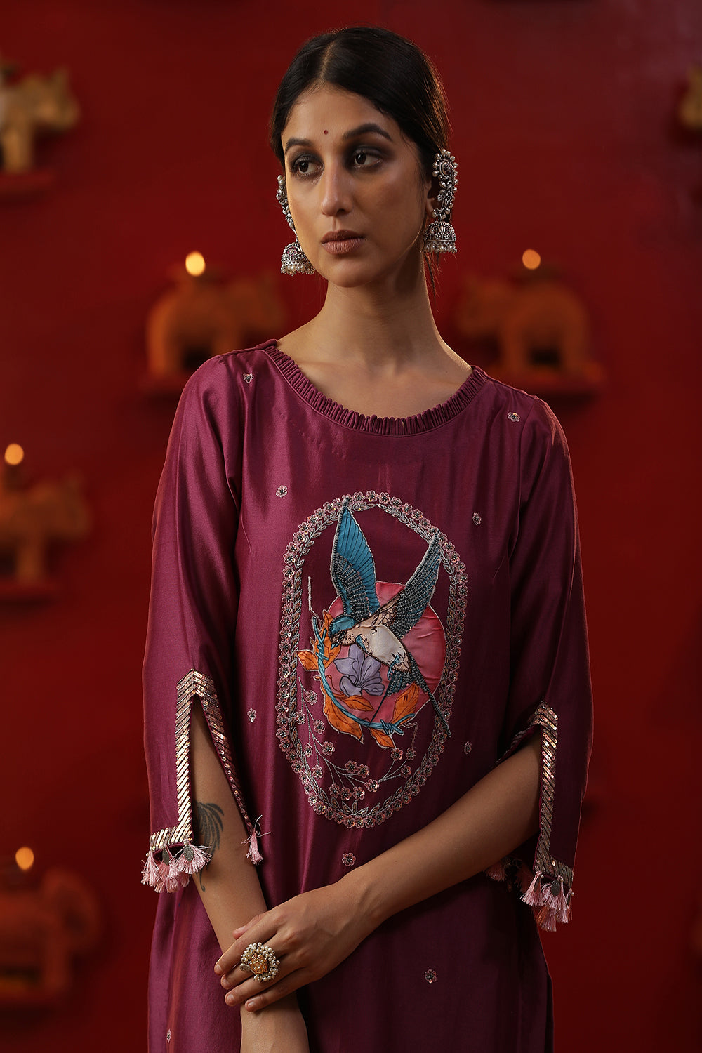 Purple Bird Handpainted Suit set - Auraya Fashion -  - #tag1# - #tag2# - #tag3# - #tag3#