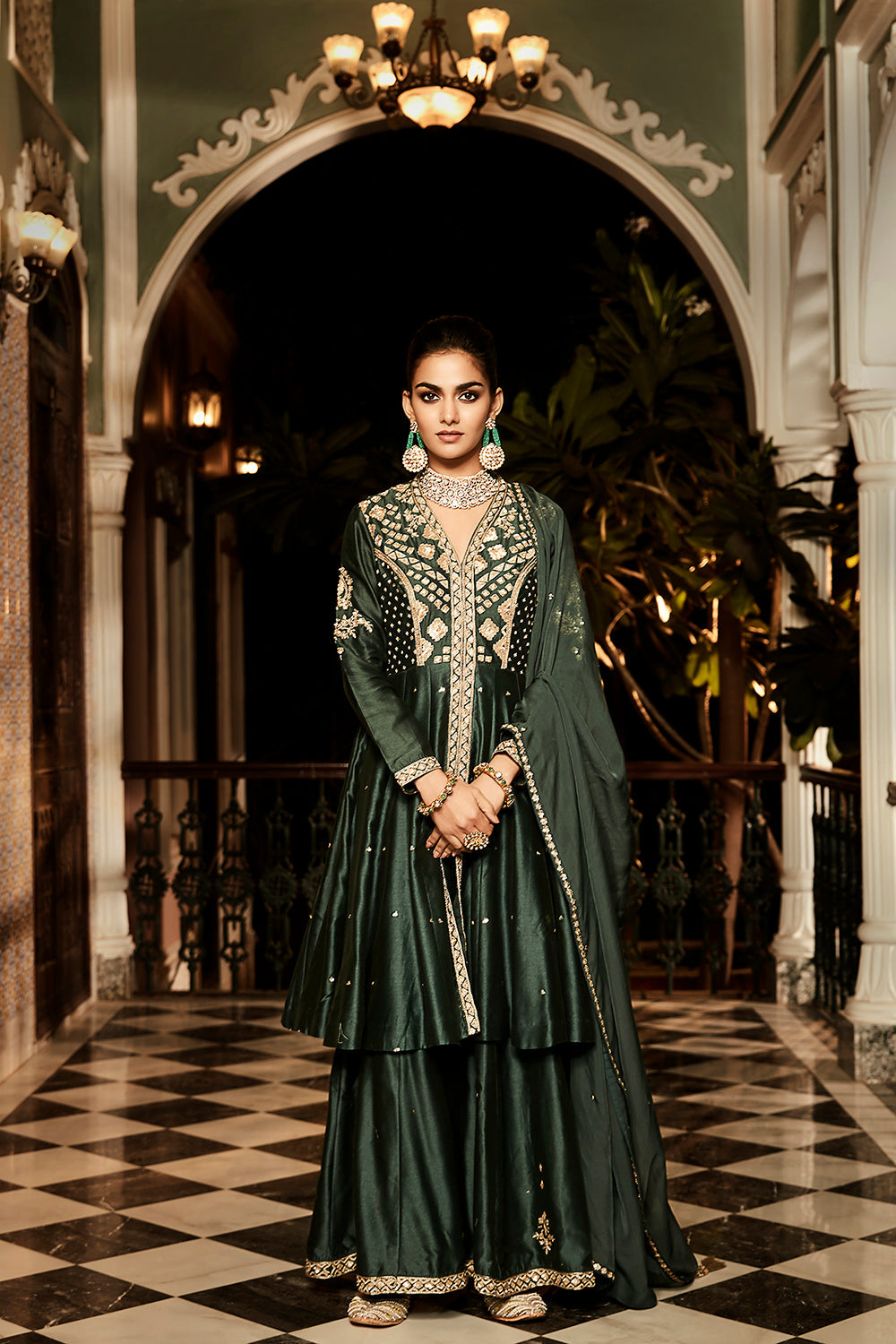 The Nawabi Green Long Peplum Sharara Set - Auraya Fashion - Matsya - #tag1# - #tag2# - #tag3# - #tag3#