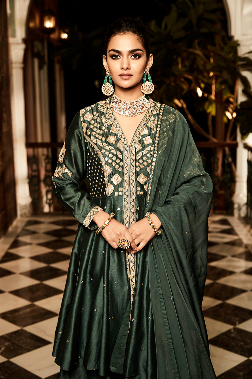 The Nawabi Green Long Peplum Sharara Set - Auraya Fashion -  - #tag1# - #tag2# - #tag3# - #tag3#