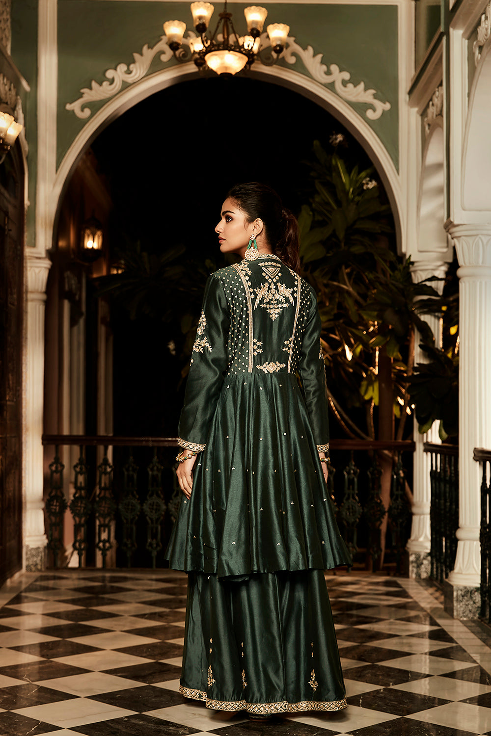 The Nawabi Green Long Peplum Sharara Set - Auraya Fashion -  - #tag1# - #tag2# - #tag3# - #tag3#