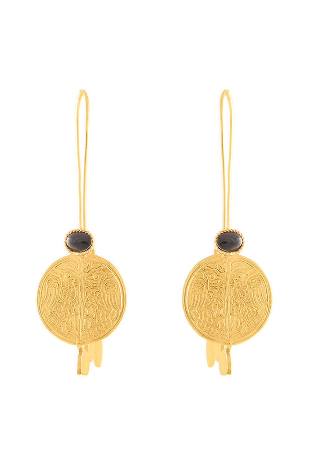 Black Stone Coin Gold Finish Drop Earrings In 92.5 Sterling Silver - Auraya Fashion - Tanvi Garg - #tag1# - #tag2# - #tag3# - #tag3#