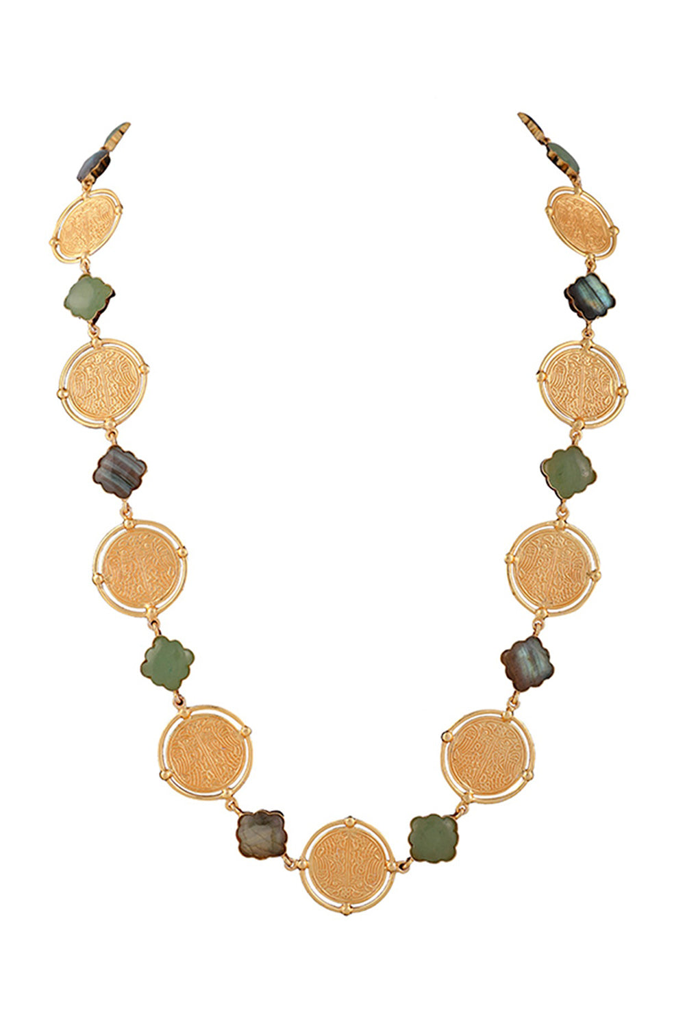 Green Quartz Coin Gold Finish Long Necklace In 92.5 Sterling Silver - Auraya Fashion - Tanvi Garg - #tag1# - #tag2# - #tag3# - #tag3#