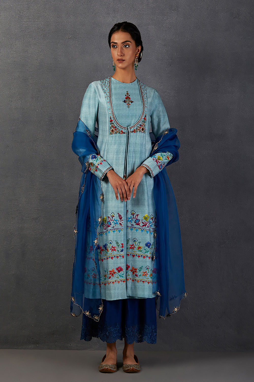 Aqua Silk Chanderi Printed-Embroidered Front Open Kurta ( Mk-07 ) - Auraya Fashion - Anju Modi - #tag1# - #tag2# - #tag3# - #tag3#