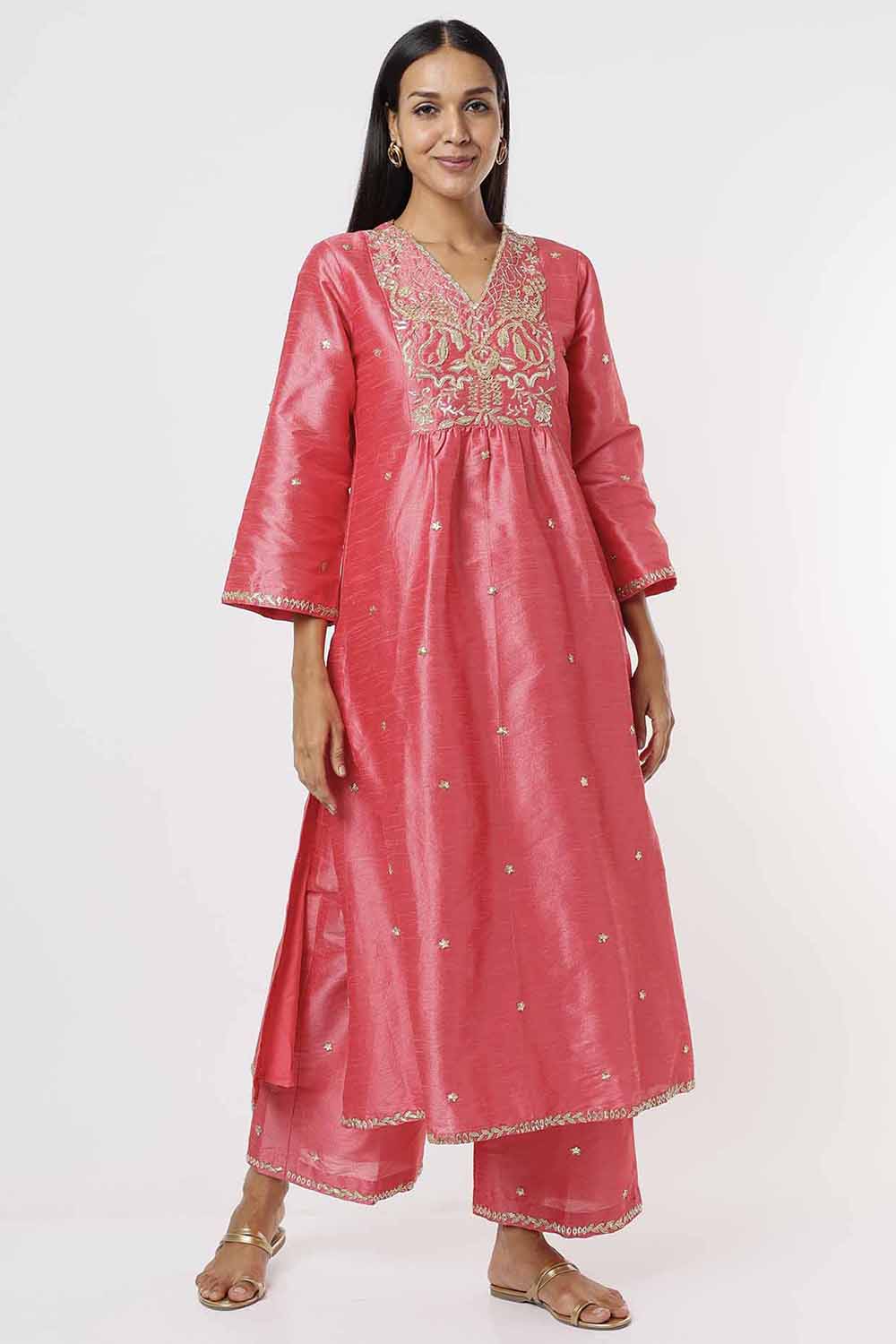 Coral Pink Kurta And Pants Set - Auraya Fashion - Mehak Murpana - #tag1# - #tag2# - #tag3# - #tag3#