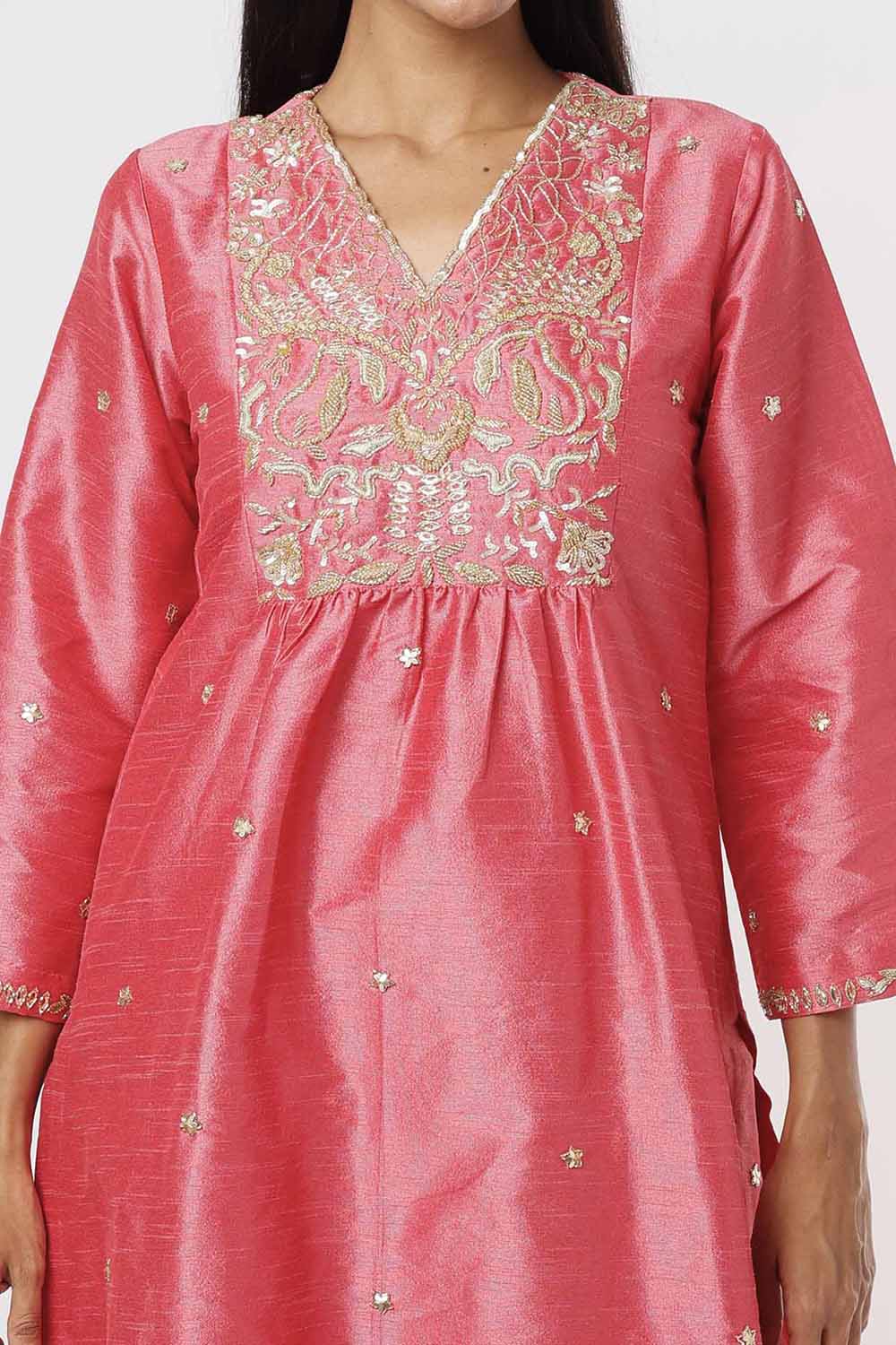 Coral Pink Kurta And Pants Set - Auraya Fashion -  - #tag1# - #tag2# - #tag3# - #tag3#