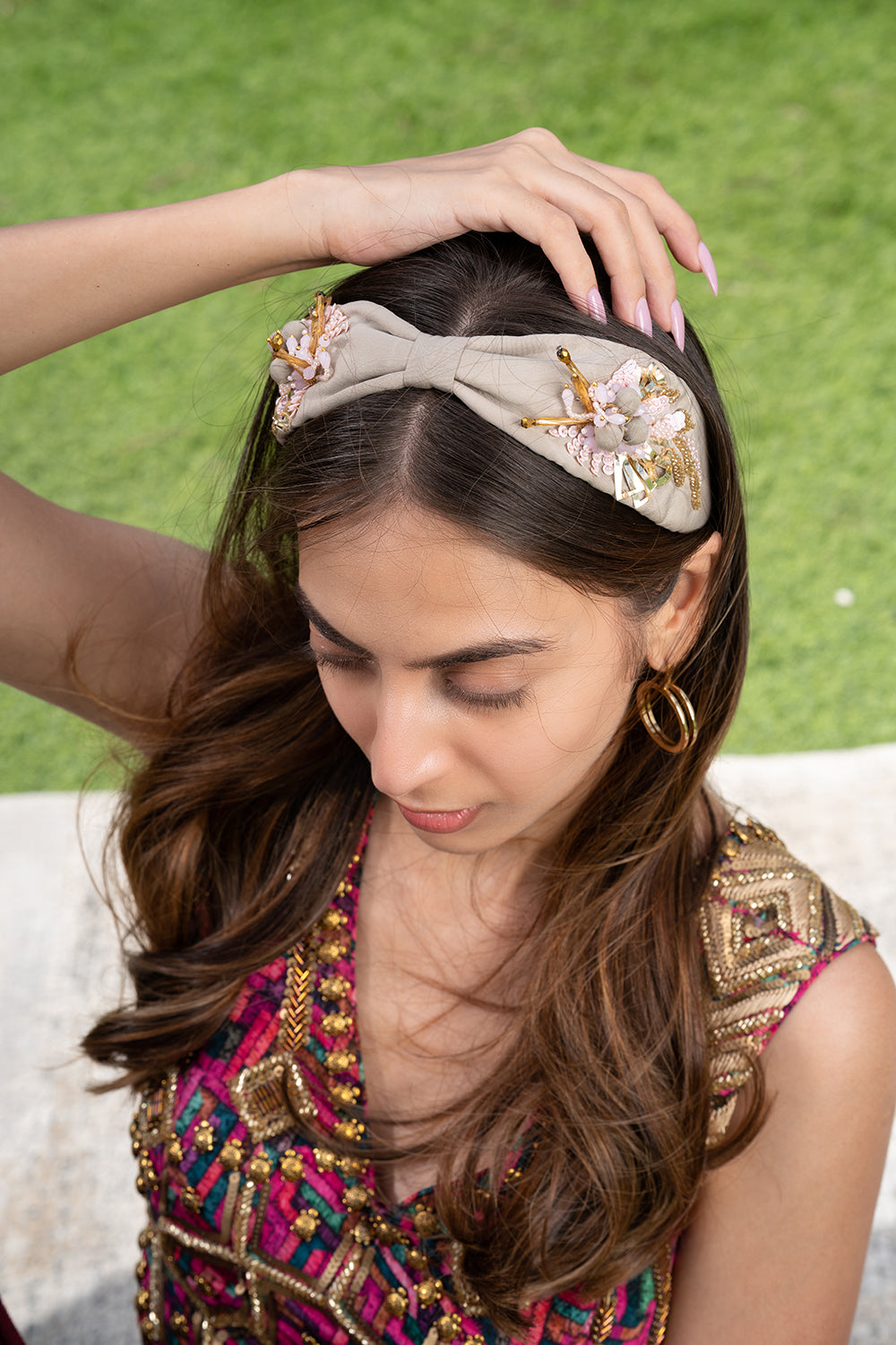 Nude Headband With 3D Embroidery - Auraya Fashion - Mehak Murpana - #tag1# - #tag2# - #tag3# - #tag3#