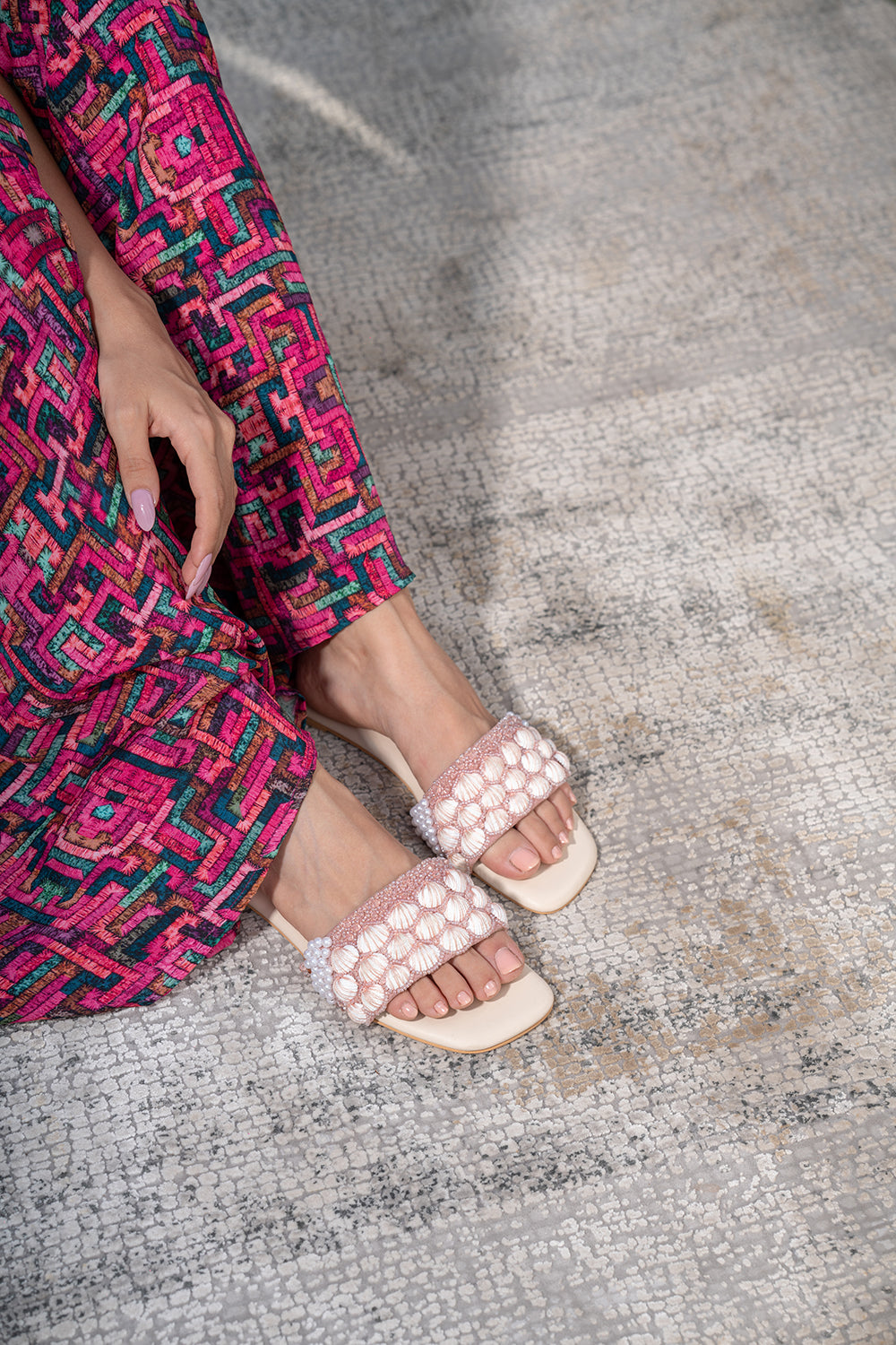 Pink Slides With Shell Detailing - Auraya Fashion - Mehak Murpana - #tag1# - #tag2# - #tag3# - #tag3#