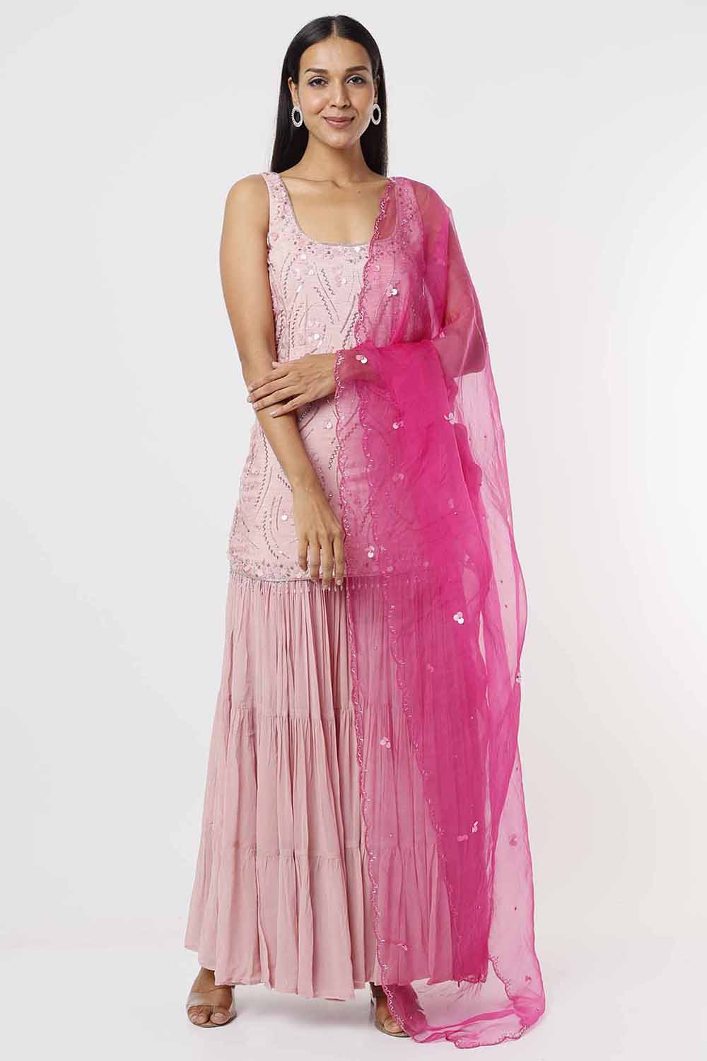 Rose Pink Short Kurta And Sharara With Hot Pink Dupatta Set - Auraya Fashion - Mehak Murpana - #tag1# - #tag2# - #tag3# - #tag3#