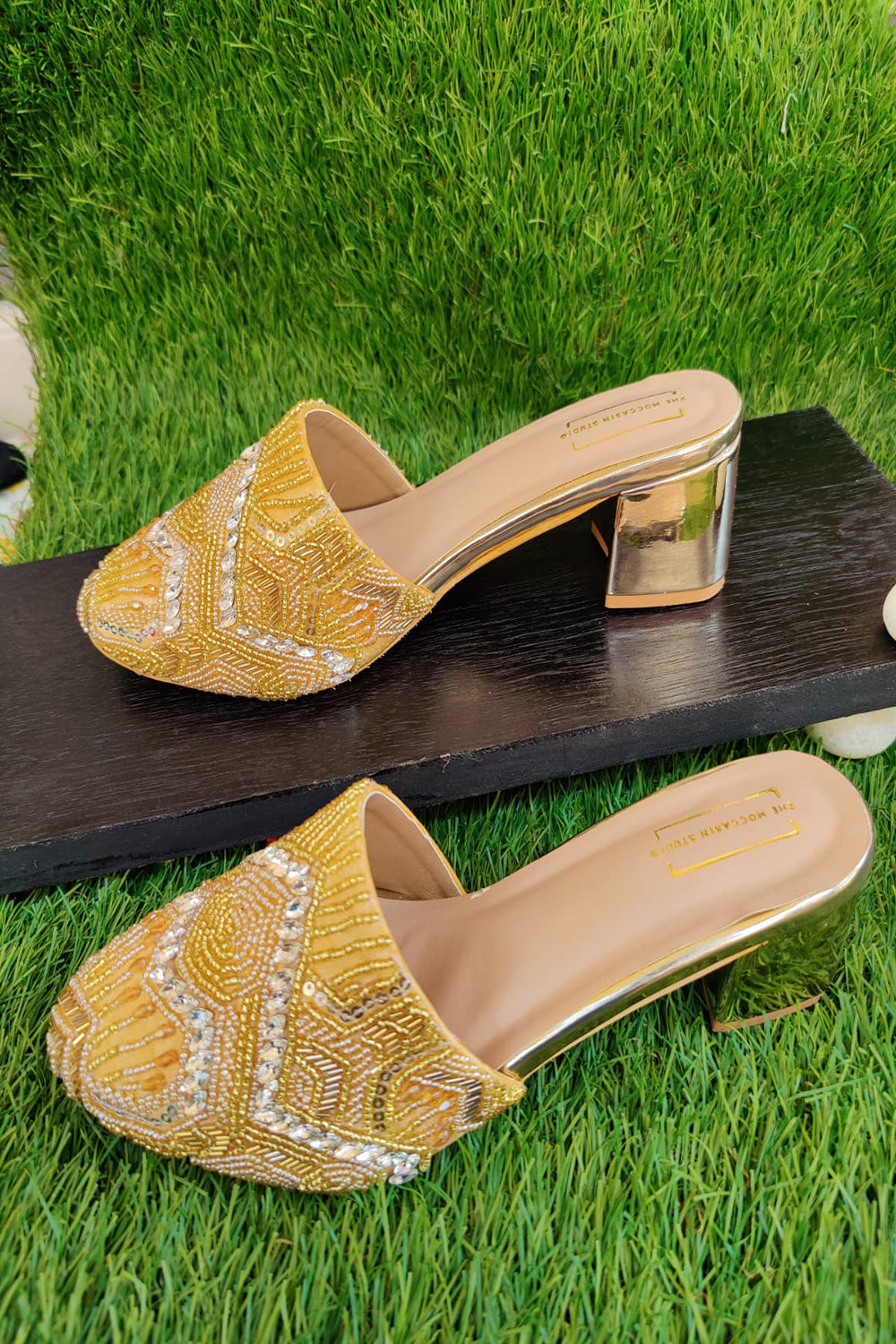 Dip In Gold, Block Heels - Auraya Fashion - The Moccasin studio - #tag1# - #tag2# - #tag3# - #tag3#