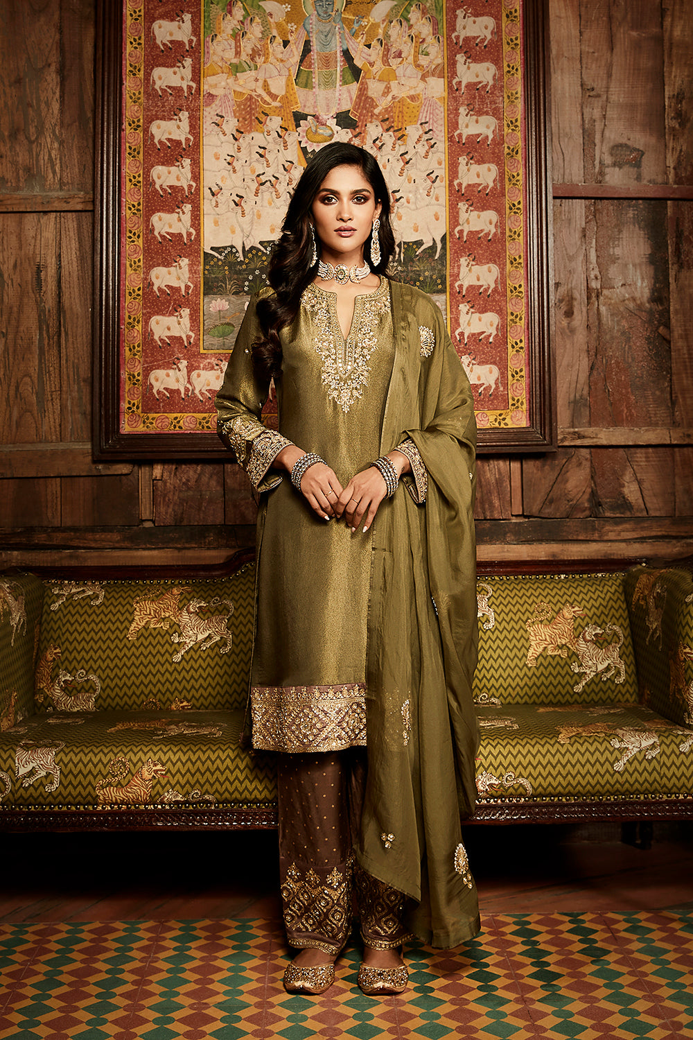 Tarnished Olive Tissue Heritage Suit Set - Auraya Fashion - Matsya - #tag1# - #tag2# - #tag3# - #tag3#