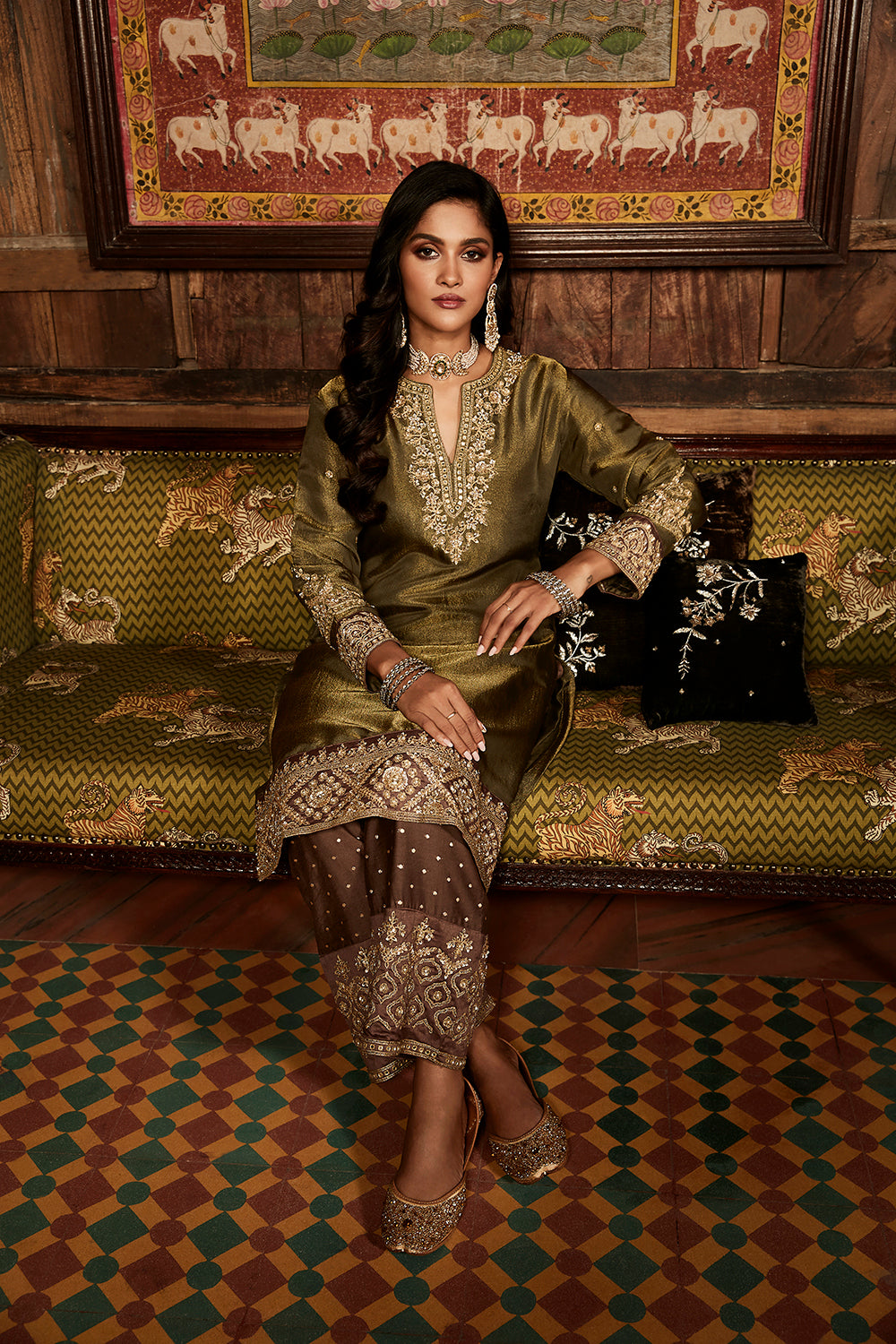 Tarnished Olive Tissue Heritage Suit Set - Auraya Fashion -  - #tag1# - #tag2# - #tag3# - #tag3#