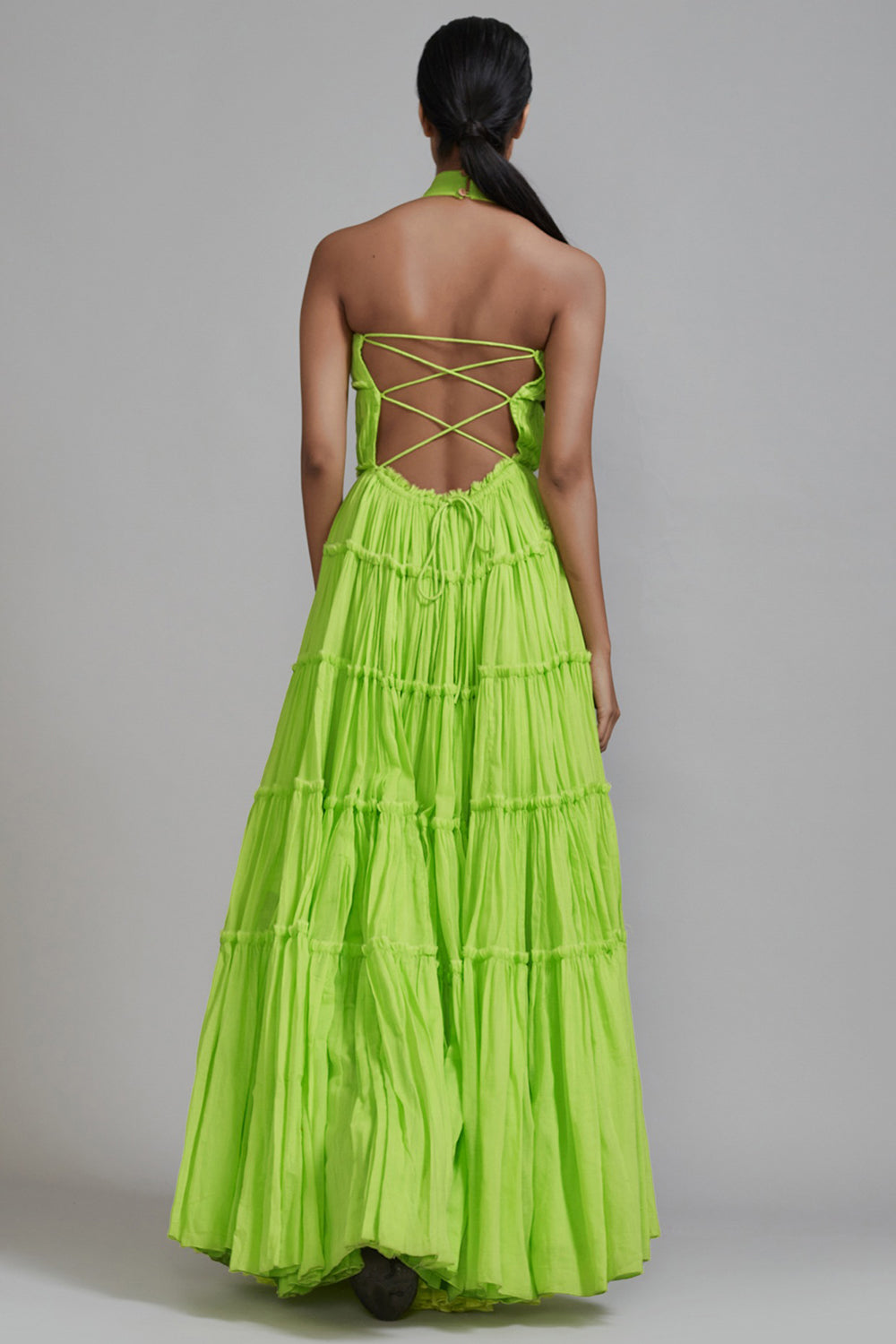 Neon Green Mul Tiered Gown - Auraya Fashion -  - #tag1# - #tag2# - #tag3# - #tag3#