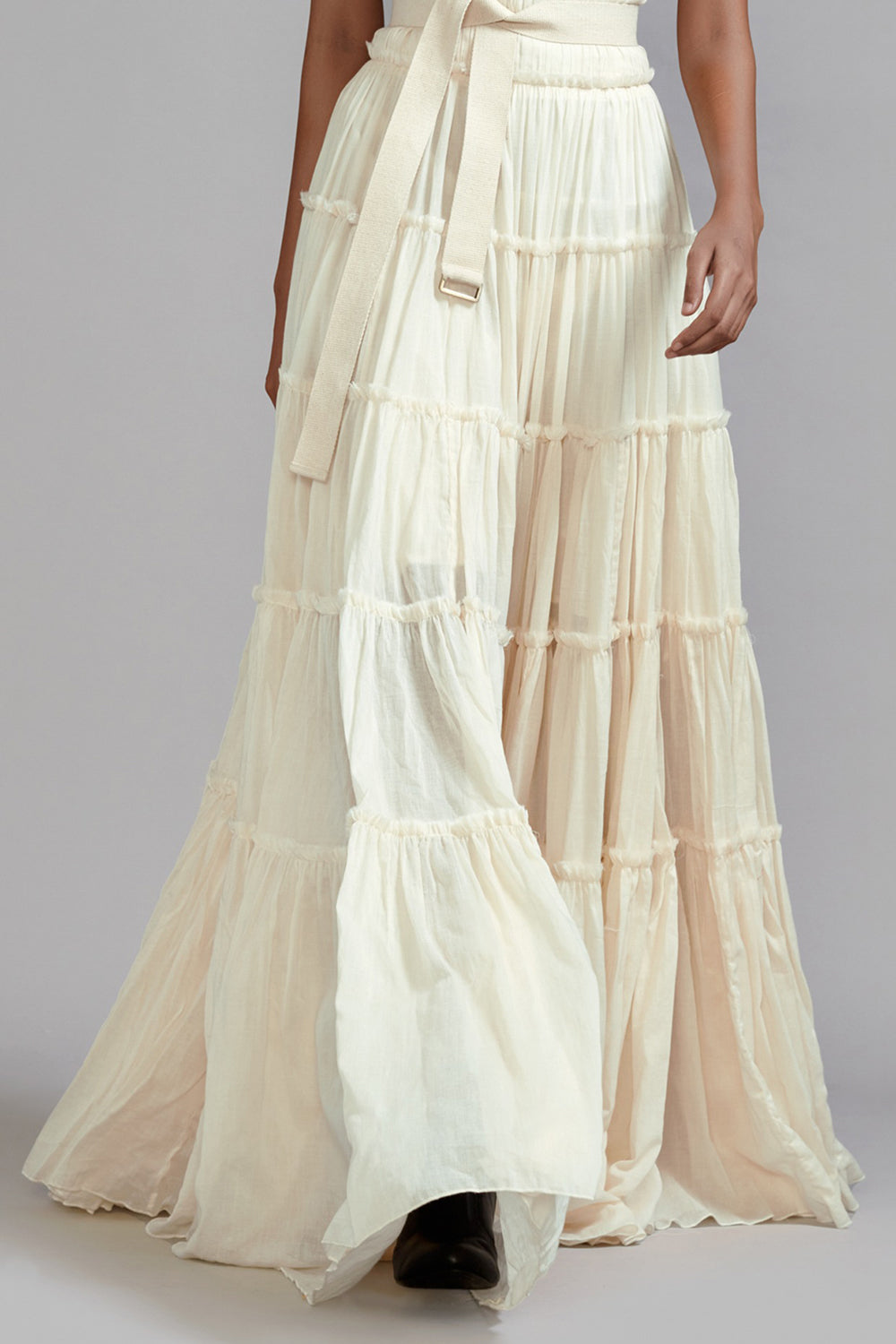 Off-White Mul Tiered Gown With Belt - Auraya Fashion -  - #tag1# - #tag2# - #tag3# - #tag3#