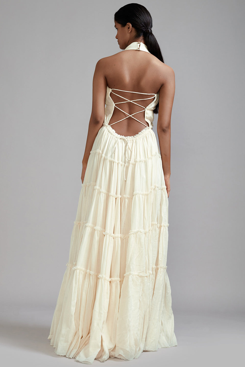 Off-White Mul Tiered Gown With Belt - Auraya Fashion -  - #tag1# - #tag2# - #tag3# - #tag3#