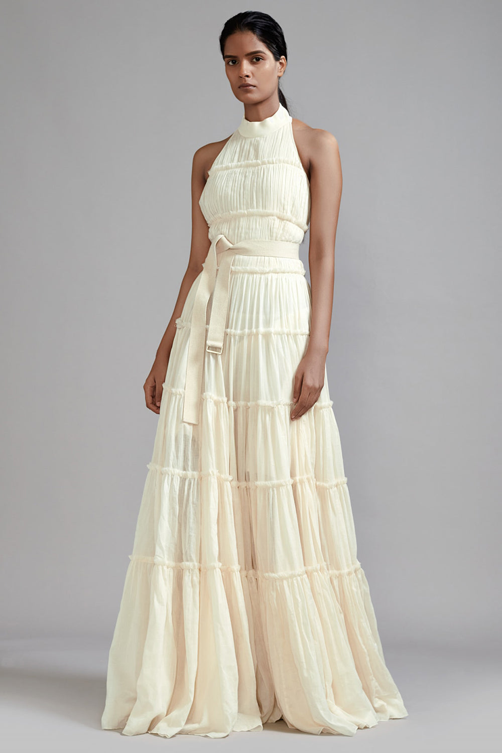 Off-White Mul Tiered Gown With Belt - Auraya Fashion - Mati - #tag1# - #tag2# - #tag3# - #tag3#