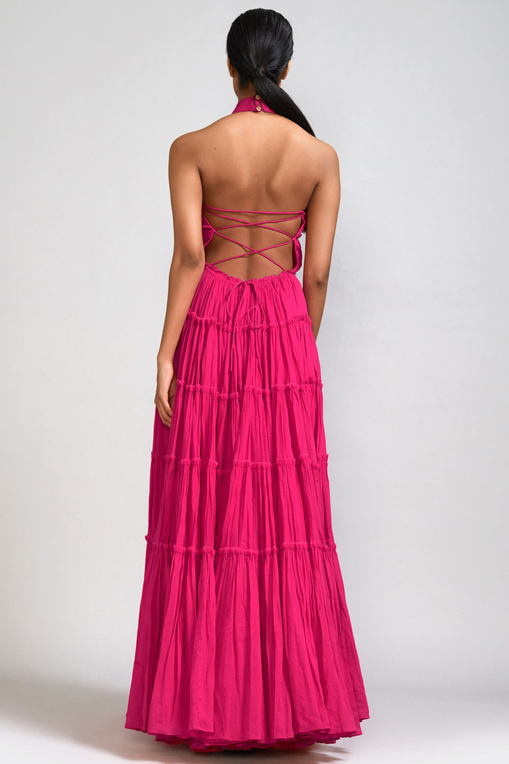 Pink Mul Tiered Gown - Auraya Fashion -  - #tag1# - #tag2# - #tag3# - #tag3#
