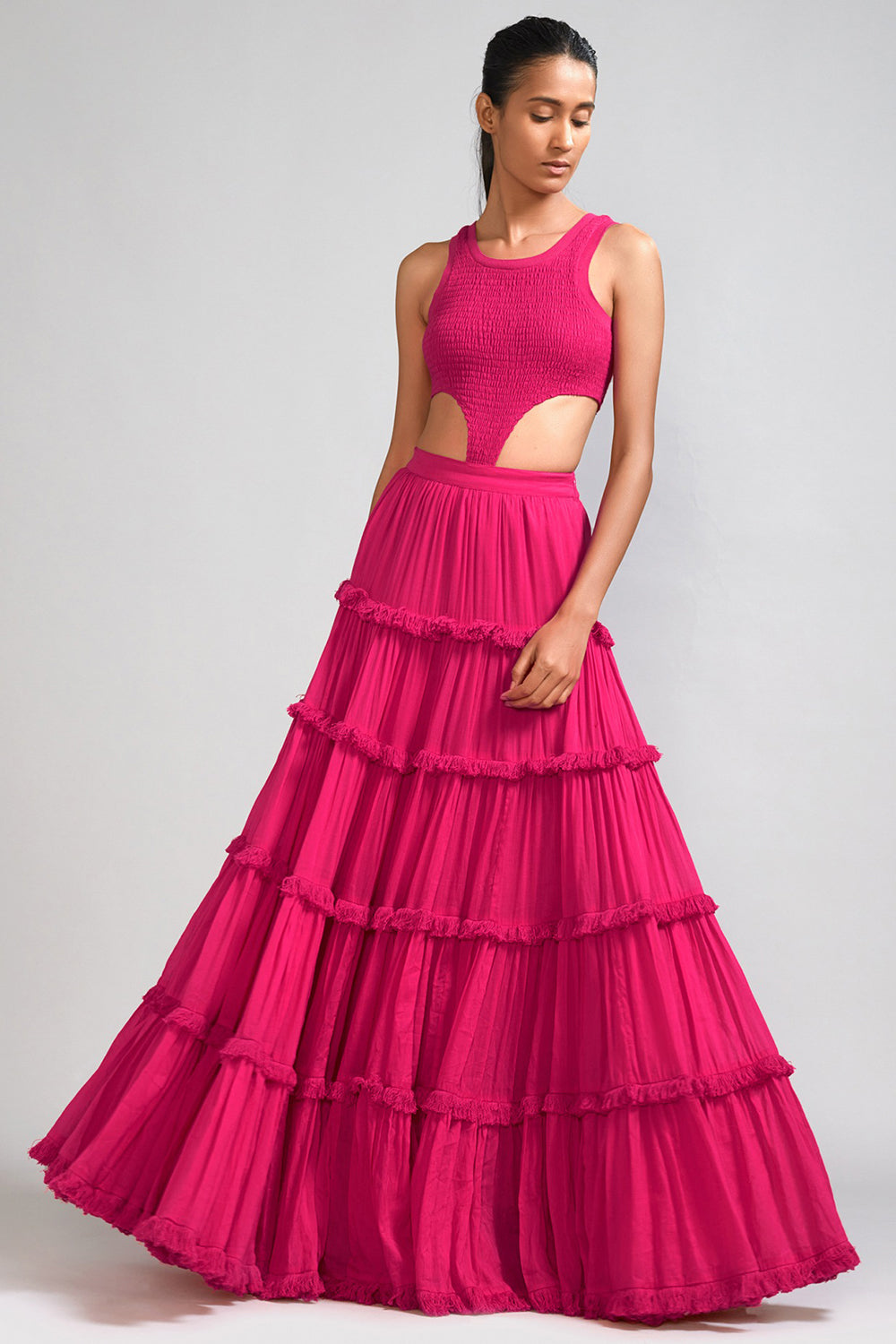 Pink Handspun Mul Tiered Lehenga Set - Auraya Fashion - Mati - #tag1# - #tag2# - #tag3# - #tag3#