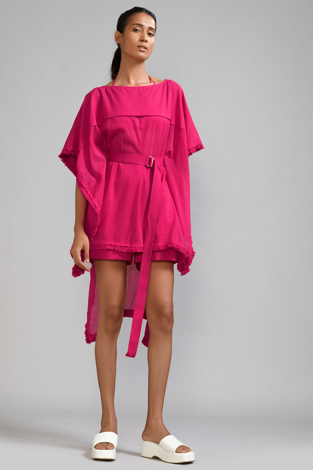 Pink Mul Kaftan Top With Belt - Auraya Fashion - Mati - #tag1# - #tag2# - #tag3# - #tag3#
