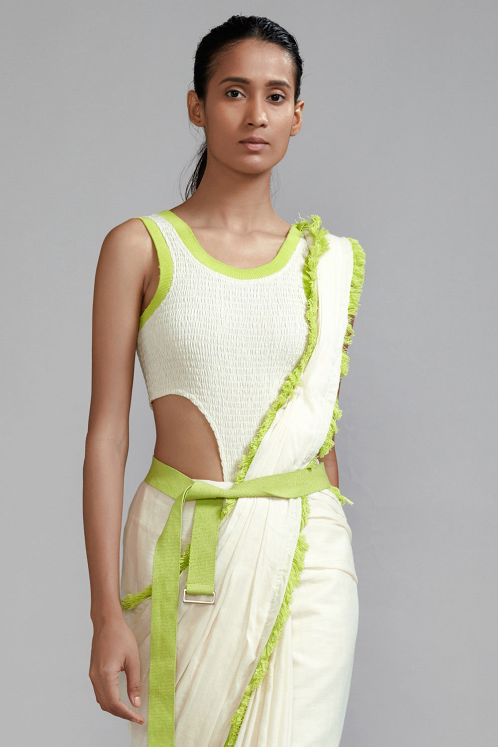 Neon Green Mul Fringe Saree - Auraya Fashion -  - #tag1# - #tag2# - #tag3# - #tag3#