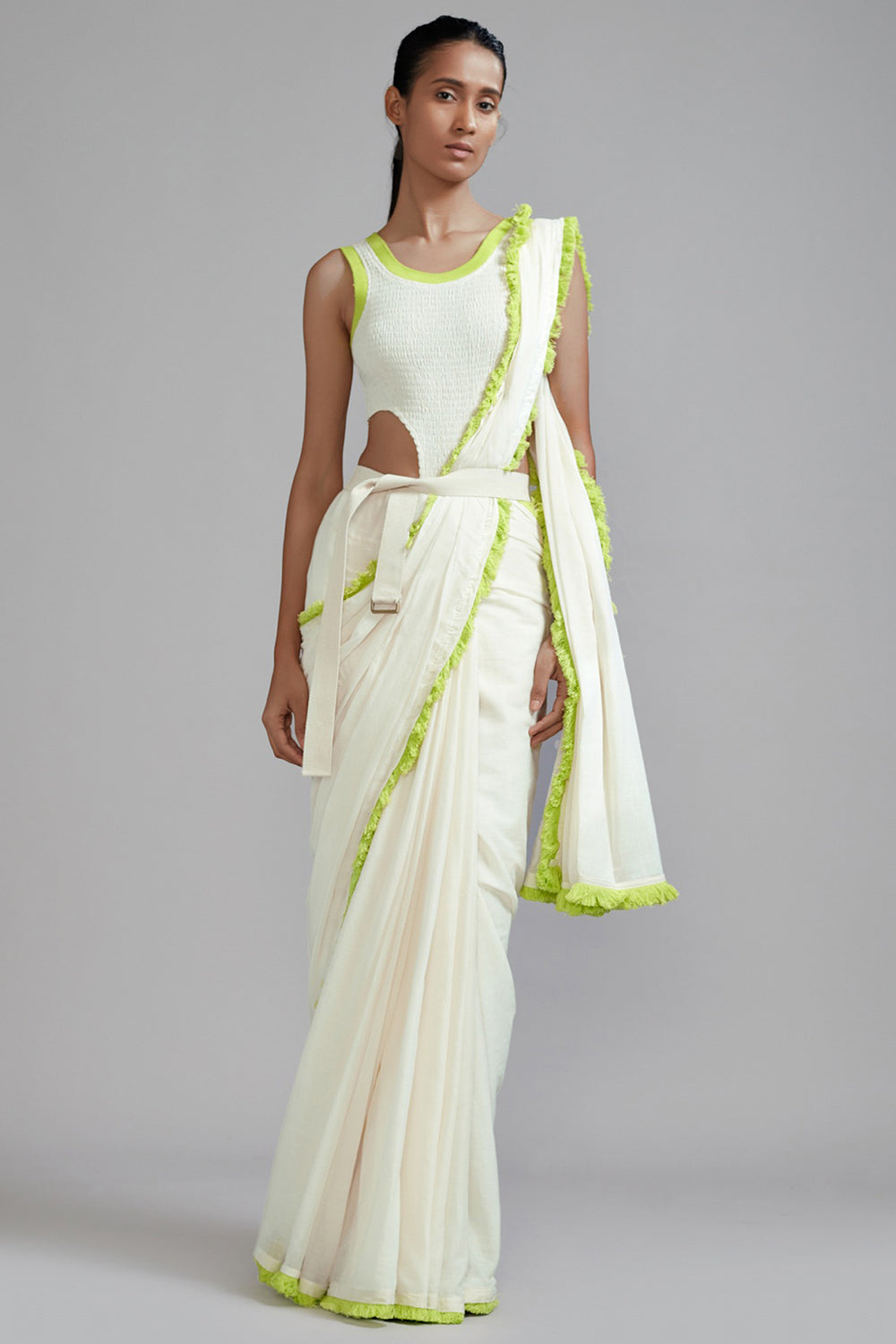 Neon Green Mul Fringe Saree - Auraya Fashion - Mati - #tag1# - #tag2# - #tag3# - #tag3#