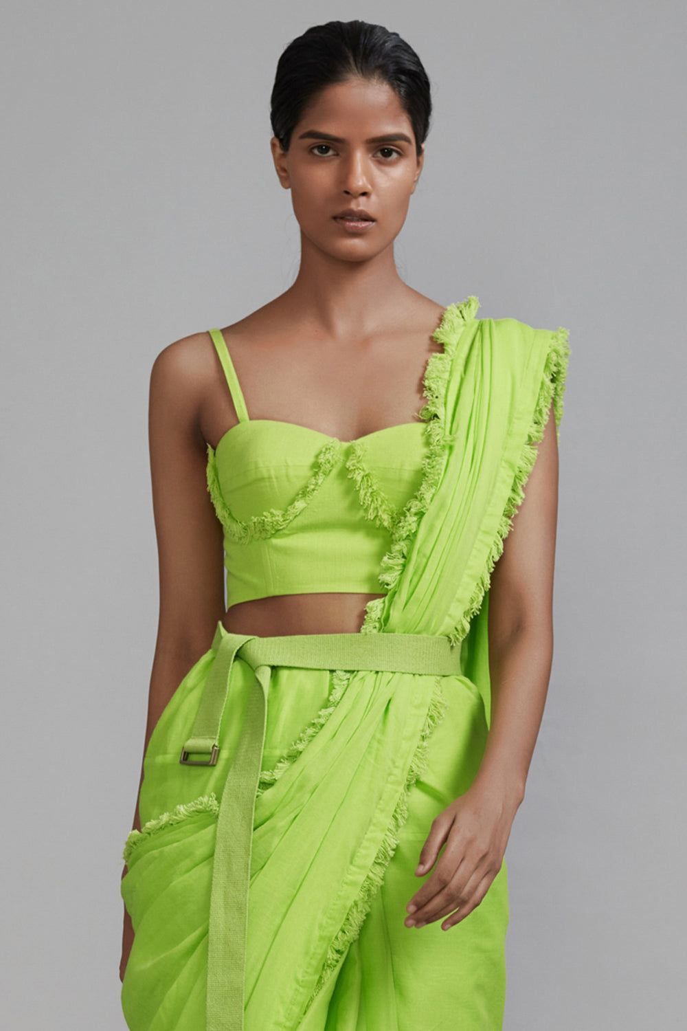 Neon Green Mul Fringe Saree - Auraya Fashion -  - #tag1# - #tag2# - #tag3# - #tag3#