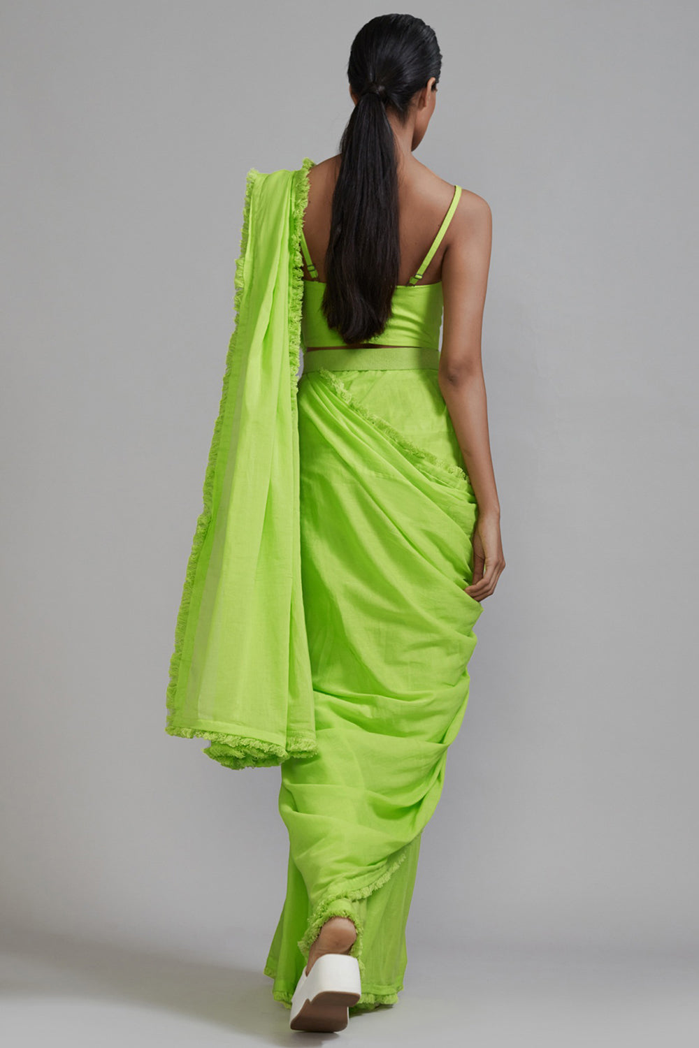 Neon Green Mul Fringe Saree - Auraya Fashion -  - #tag1# - #tag2# - #tag3# - #tag3#