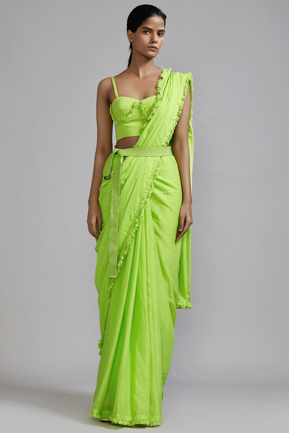 Neon Green Mul Fringe Saree - Auraya Fashion - Mati - #tag1# - #tag2# - #tag3# - #tag3#