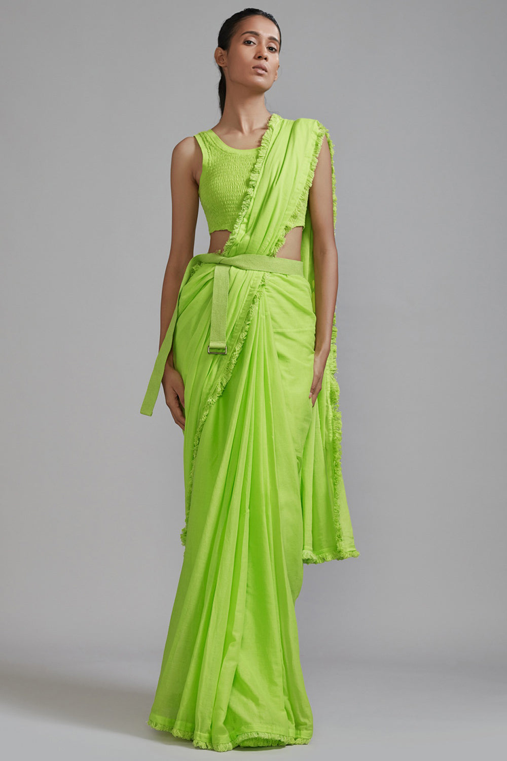 Neon Green Mul Saree Set - Auraya Fashion - Mati - #tag1# - #tag2# - #tag3# - #tag3#