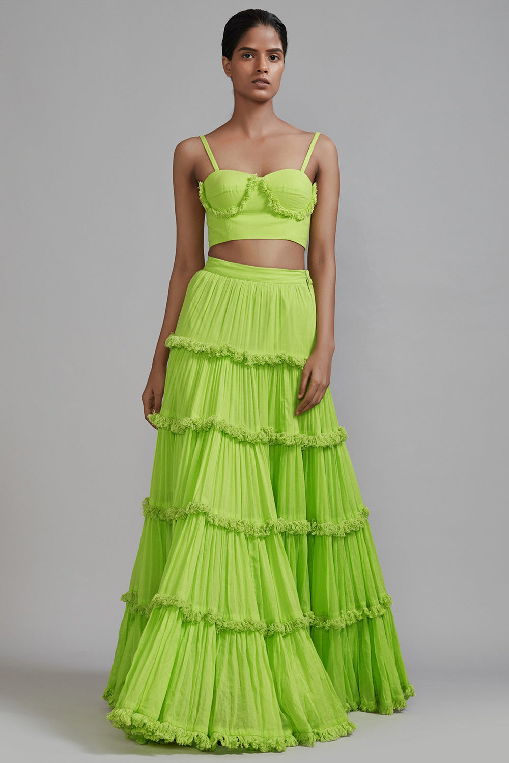 Neon Green Handspun Mul Tiered Lehenga - Auraya Fashion - Mati - #tag1# - #tag2# - #tag3# - #tag3#