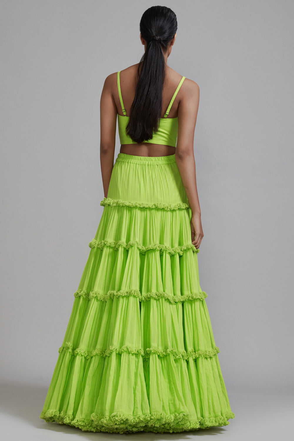 Neon Green Handspun Mul Tiered Lehenga - Auraya Fashion -  - #tag1# - #tag2# - #tag3# - #tag3#