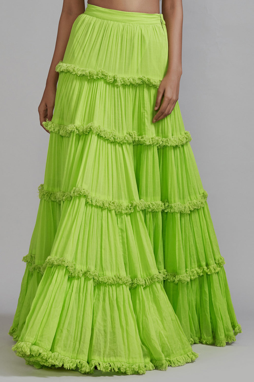 Neon Green Handspun Mul Tiered Lehenga - Auraya Fashion -  - #tag1# - #tag2# - #tag3# - #tag3#