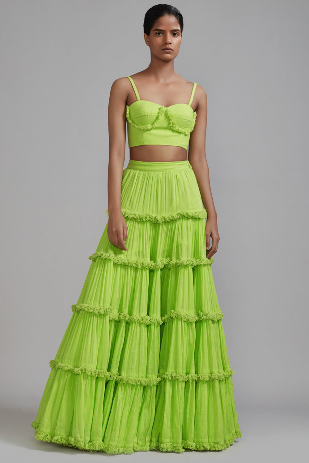 Neon Green Handspun Mul Tiered Lehenga Set - Auraya Fashion - Mati - #tag1# - #tag2# - #tag3# - #tag3#