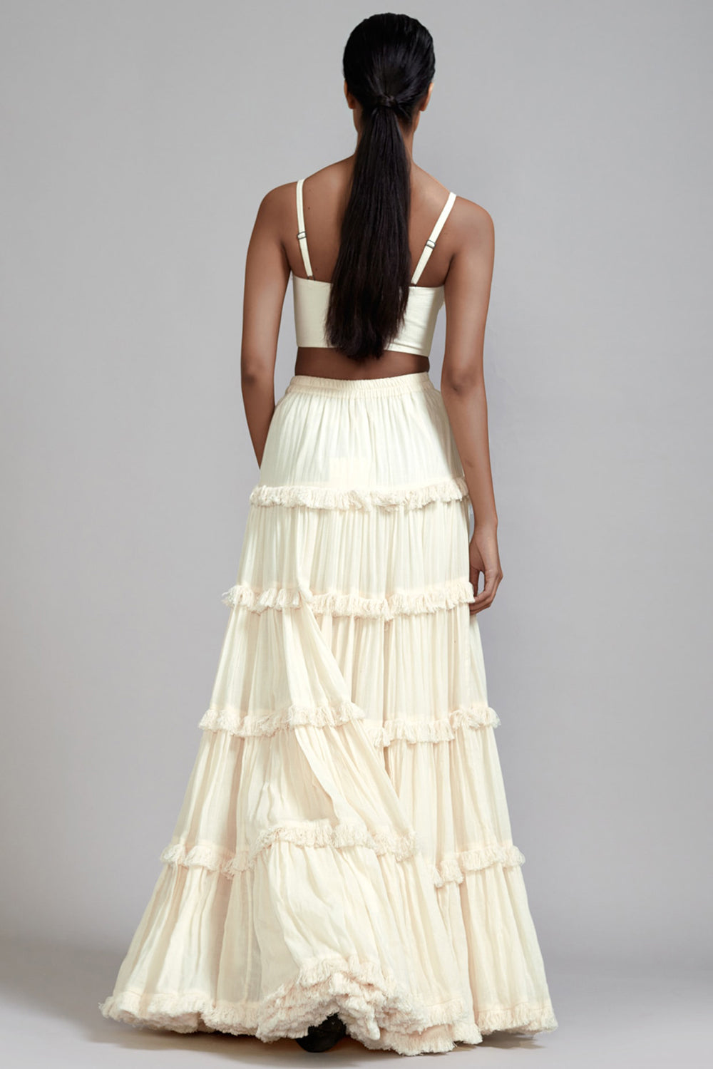 Off-White Handspun Mul Tiered Lehenga Set - Auraya Fashion -  - #tag1# - #tag2# - #tag3# - #tag3#