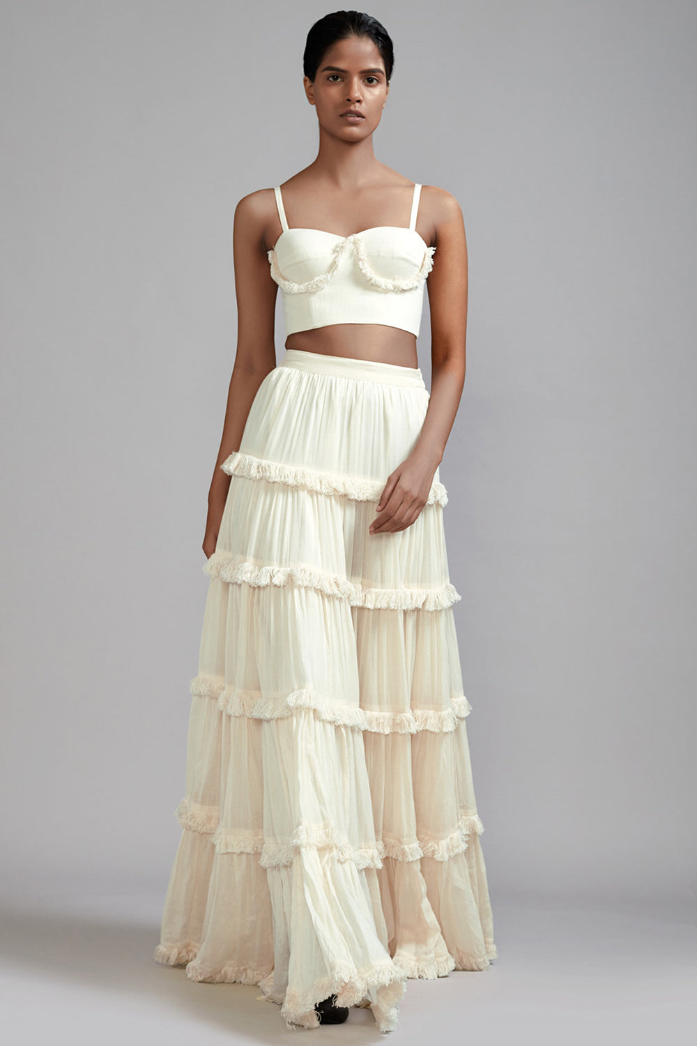 Off-White Handspun Mul Tiered Lehenga Set - Auraya Fashion - Mati - #tag1# - #tag2# - #tag3# - #tag3#