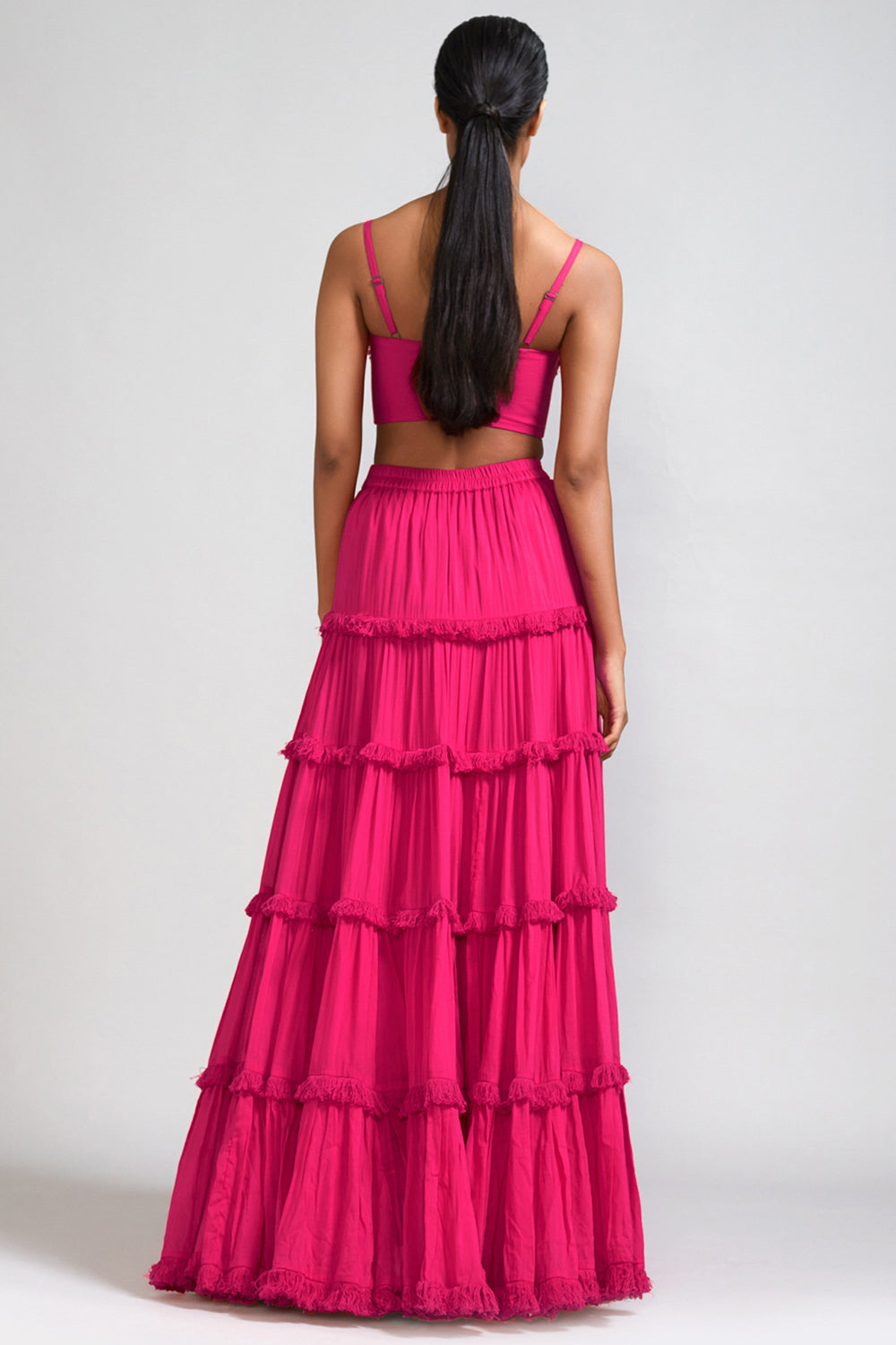 Pink Handspun Mul Tiered Lehenga Set - Auraya Fashion -  - #tag1# - #tag2# - #tag3# - #tag3#