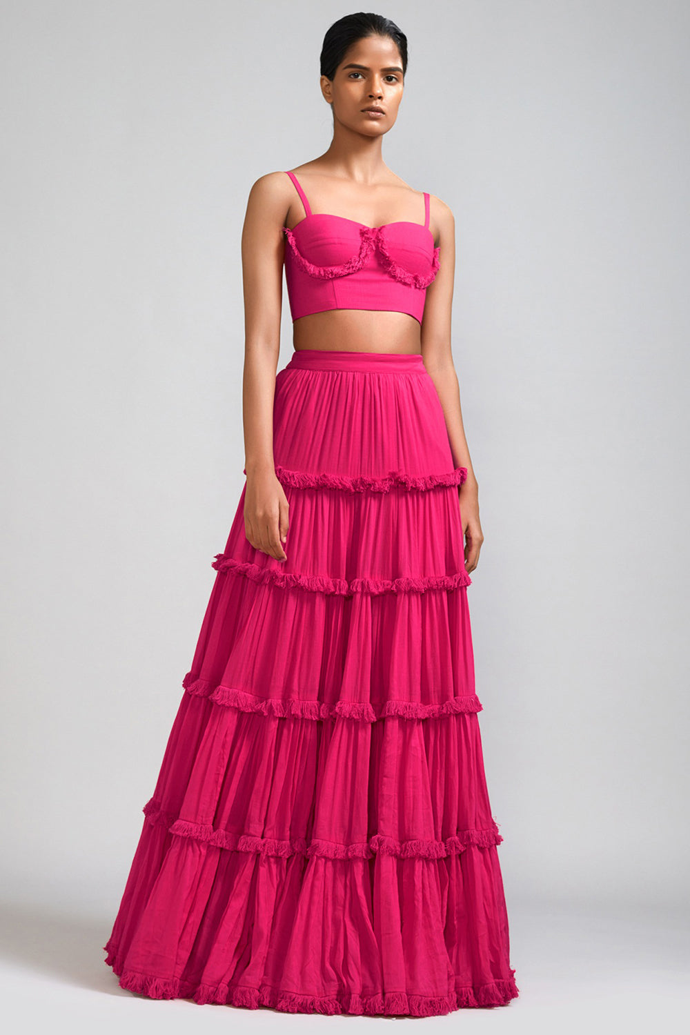 Pink Handspun Mul Tiered Lehenga Set - Auraya Fashion - Mati - #tag1# - #tag2# - #tag3# - #tag3#
