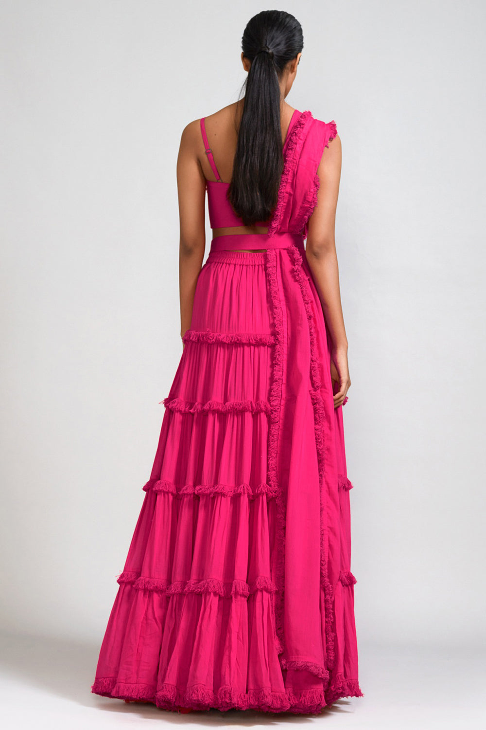 Pink Handspun Mul Tiered Lehenga Set - Auraya Fashion -  - #tag1# - #tag2# - #tag3# - #tag3#