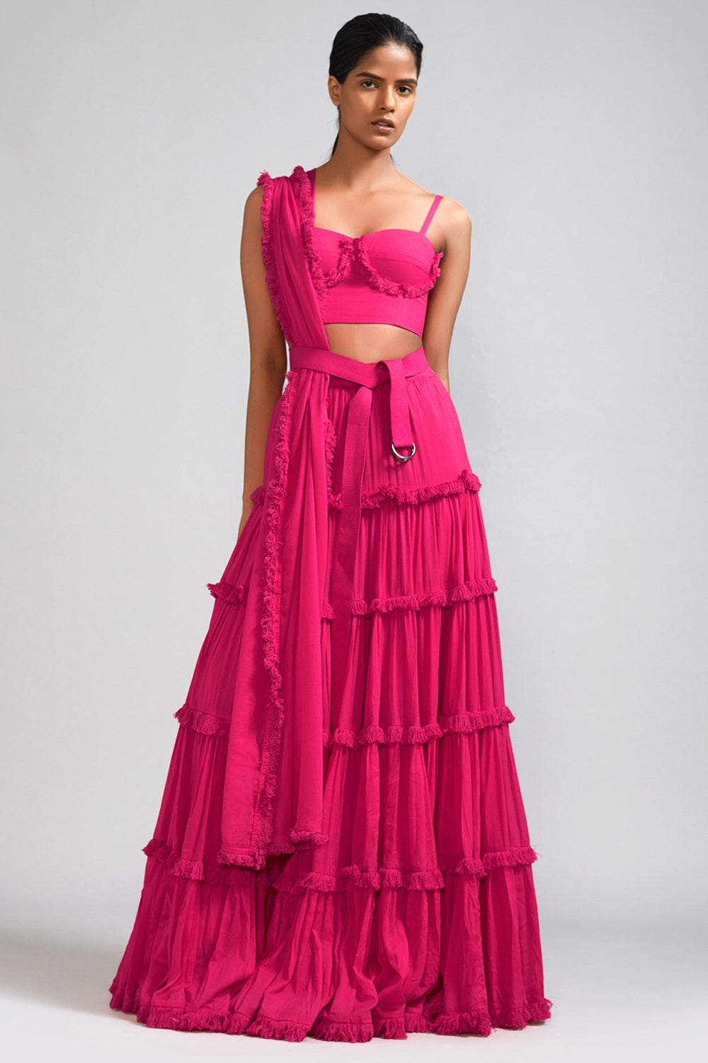 Pink Handspun Mul Tiered Lehenga Set - Auraya Fashion - Mati - #tag1# - #tag2# - #tag3# - #tag3#