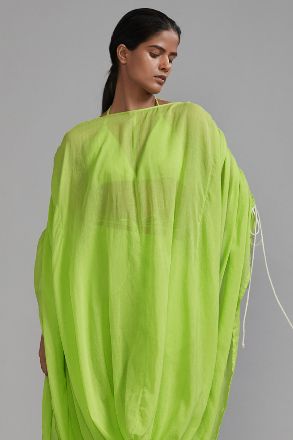 Neon Green Cotton Gathered Cowl Tunic - Auraya Fashion -  - #tag1# - #tag2# - #tag3# - #tag3#