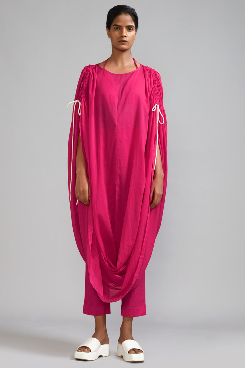 Pink Cotton Gathered Cowl Tunic Set - Auraya Fashion - Mati - #tag1# - #tag2# - #tag3# - #tag3#