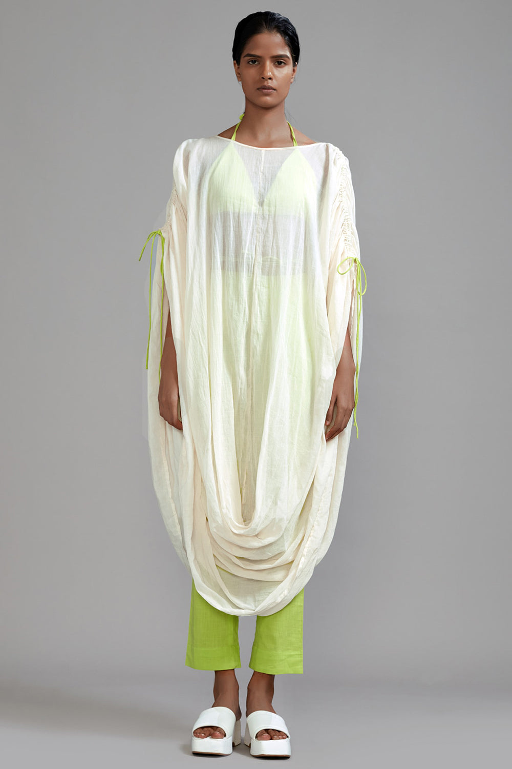 Off-White Cotton Gathered Cowl Tunic Set - Auraya Fashion - Mati - #tag1# - #tag2# - #tag3# - #tag3#