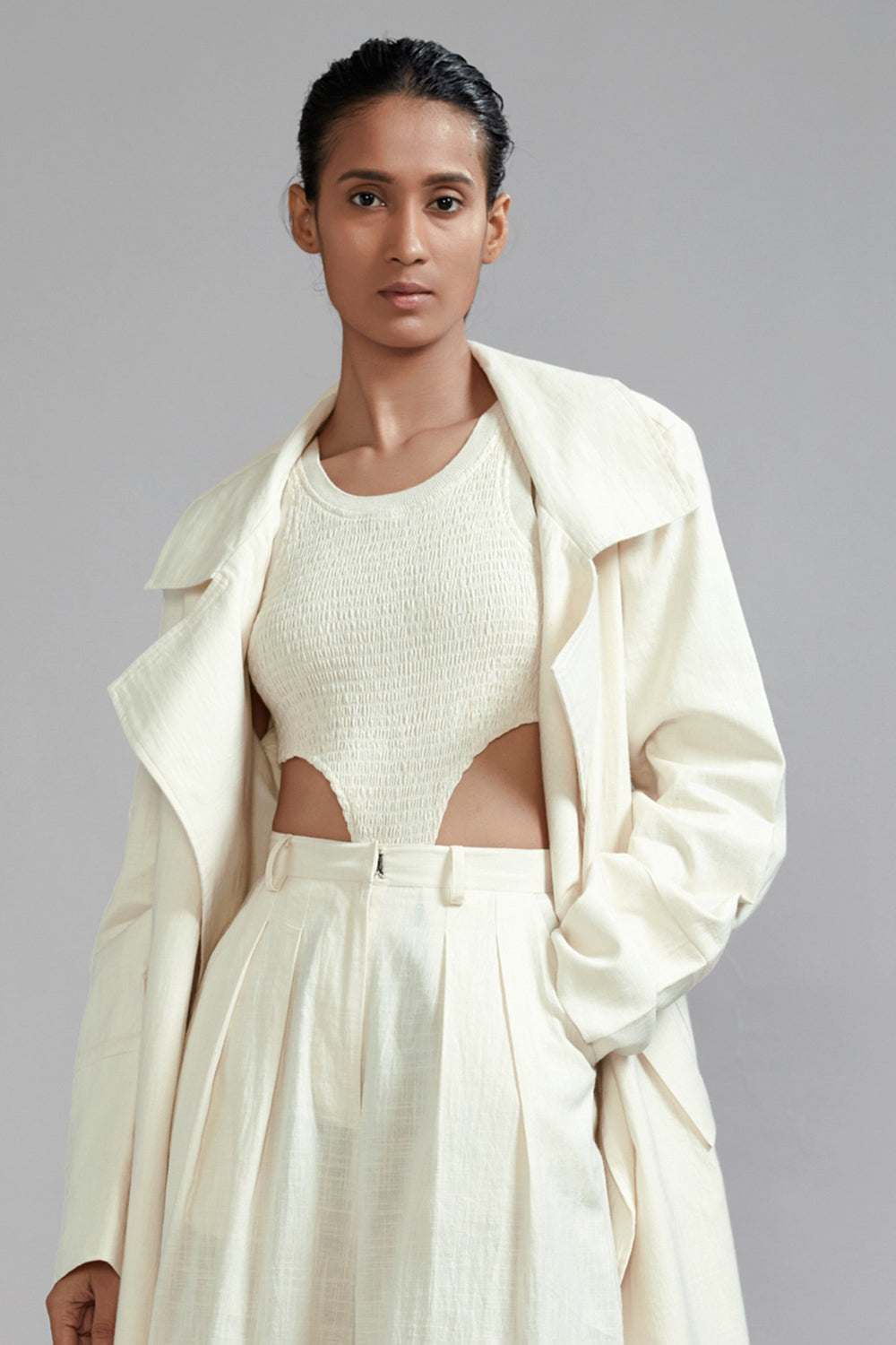Off-White Cotton Long Trench Jacket - Auraya Fashion -  - #tag1# - #tag2# - #tag3# - #tag3#