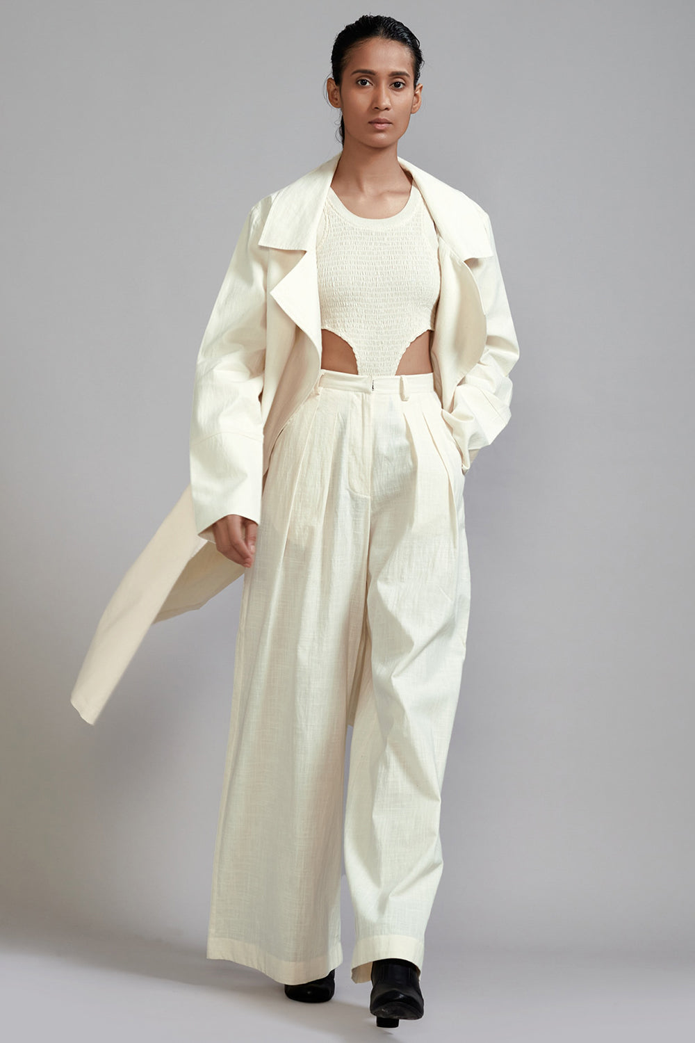Off-White Cotton Long Trench Jacket - Auraya Fashion - Mati - #tag1# - #tag2# - #tag3# - #tag3#