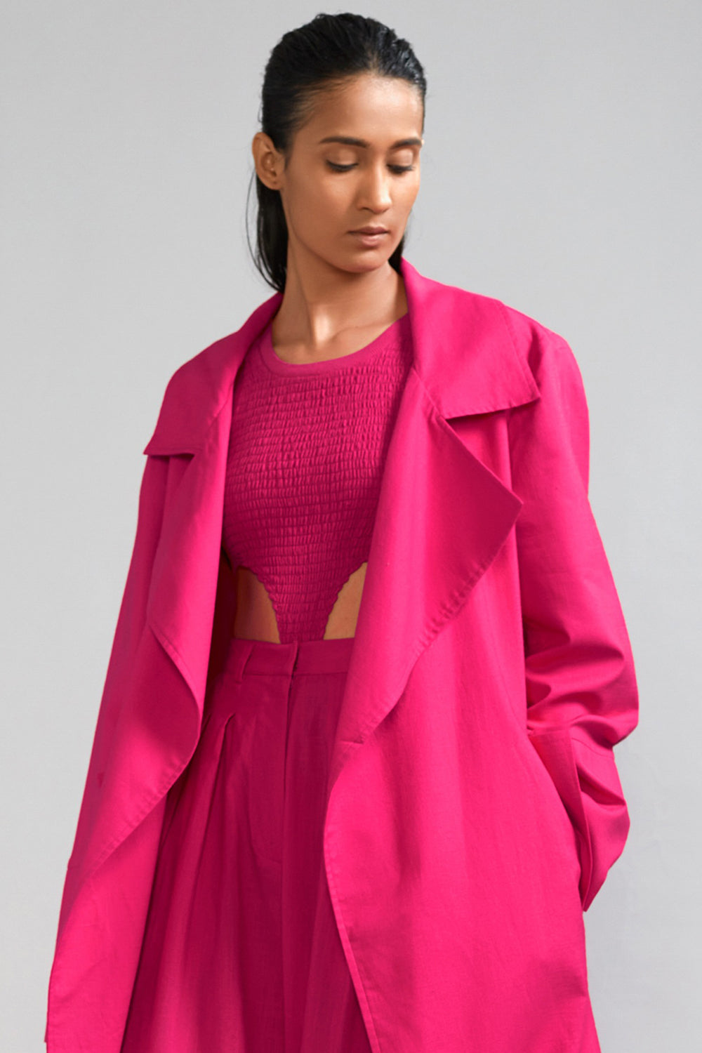 Pink Cotton Long Trench Jacket - Auraya Fashion -  - #tag1# - #tag2# - #tag3# - #tag3#