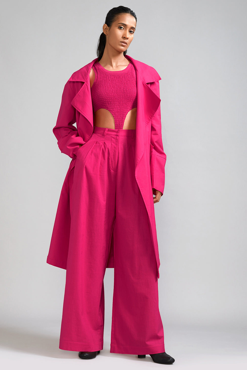 Pink Cotton Long Trench Jacket - Auraya Fashion - Mati - #tag1# - #tag2# - #tag3# - #tag3#