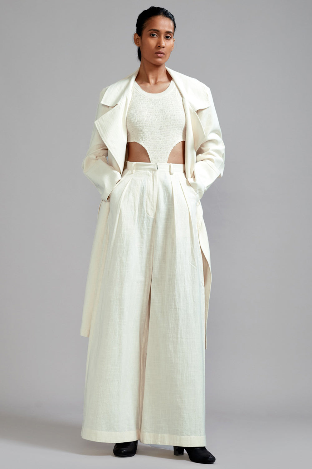Off-White Cotton Trench Jacket Set - Auraya Fashion - Mati - #tag1# - #tag2# - #tag3# - #tag3#